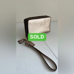 Coach Wristlet, Double Zip Around, Polished Pebble Leather, Metallic Gold